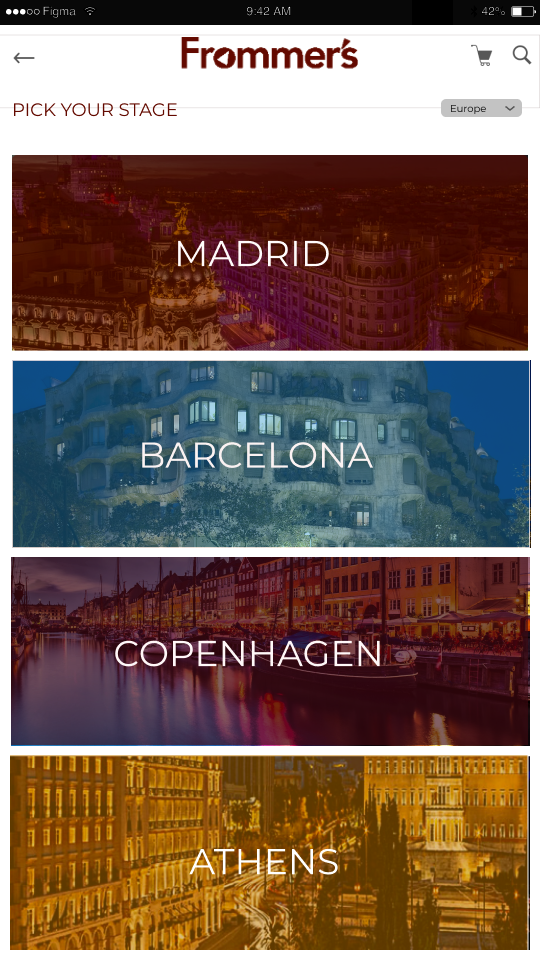 4 European cities featured with an image in each block: Madrid-Barcelona-Copenhagen-Athens