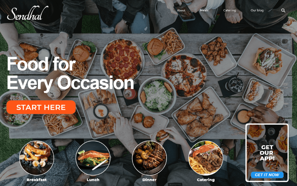 App design, food for every occassion caption above the ctm button over and image of people gathered around a large outdoor woooden table enjoying many delicious servings from a variety of dishes.