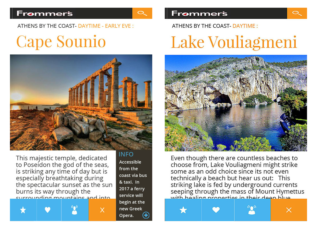 Spotlight on Cape Sounio and Lake Vouliagmeni with an image of each.