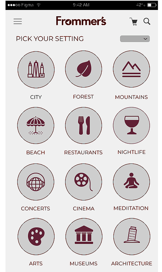 categories with icons representing travel options the user can pick ranging from city to mountains