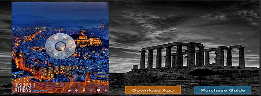 travel app, 2 screens, one of the Acropolis at dusk and the other of Cape Sounio at dusk