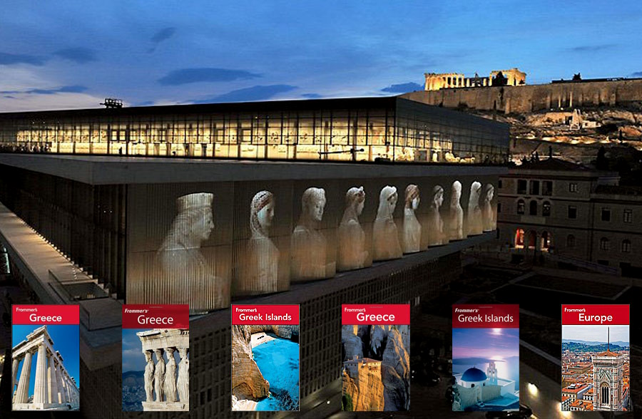 Dusk at the Acropolis Museum in Athens with the illuminated Parthenon on the Acropolis hill in the background
