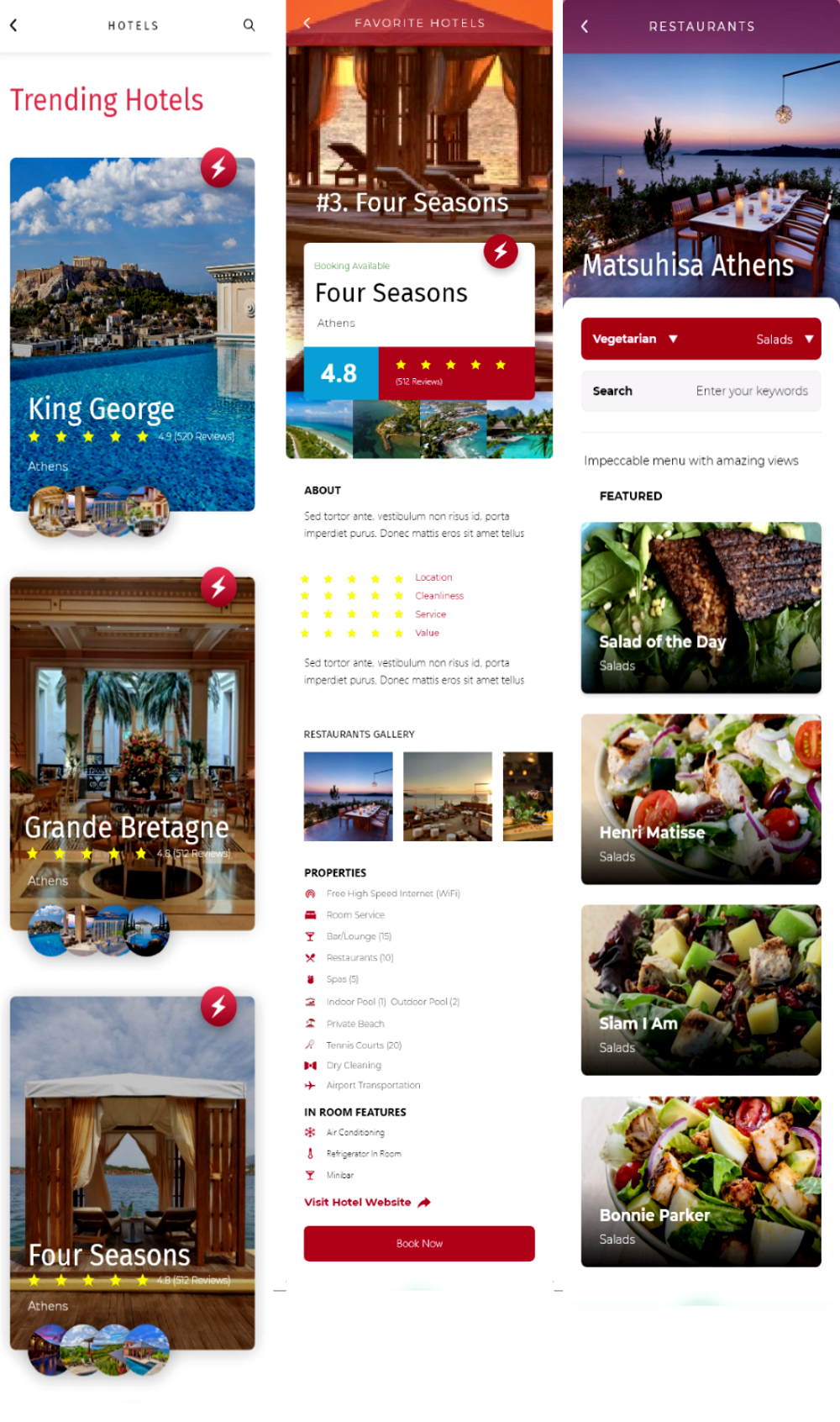 sample from the Frommer's app including hotels and restaurants with images, listings and reviews
