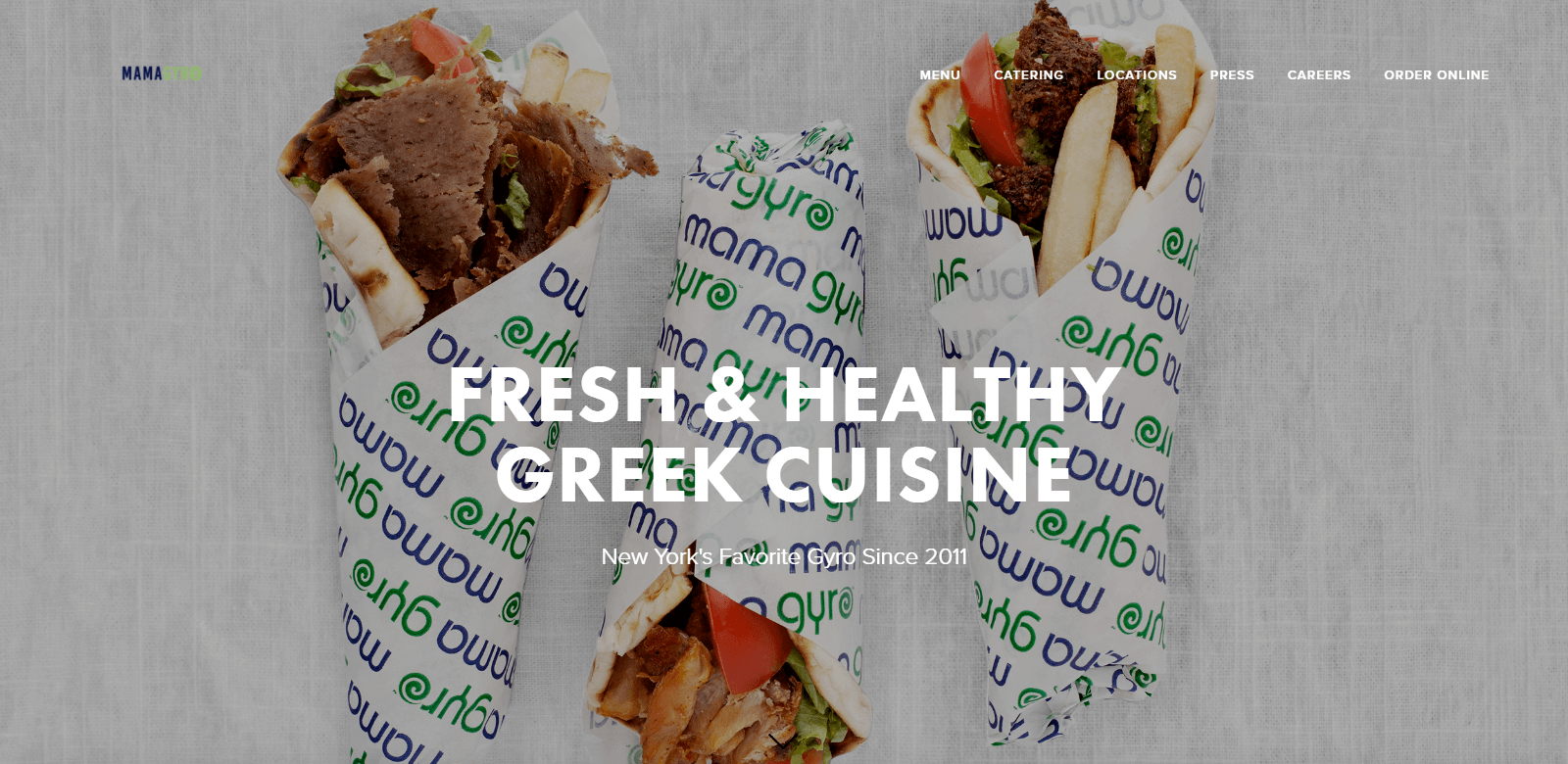 Picture of pork and chicken gyro sandwiches wrapped in pita bread topped with red onions, tomatoes, french fries and tzatziki sauce with the caption Healthy Greek Cuisine.