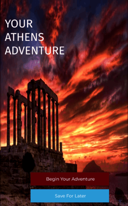 Spectacular image of Cape Sounio with a striking sunset behind it.  The caption reads Your Athens Adventure and there's two CTA buttons, one red and one light blue