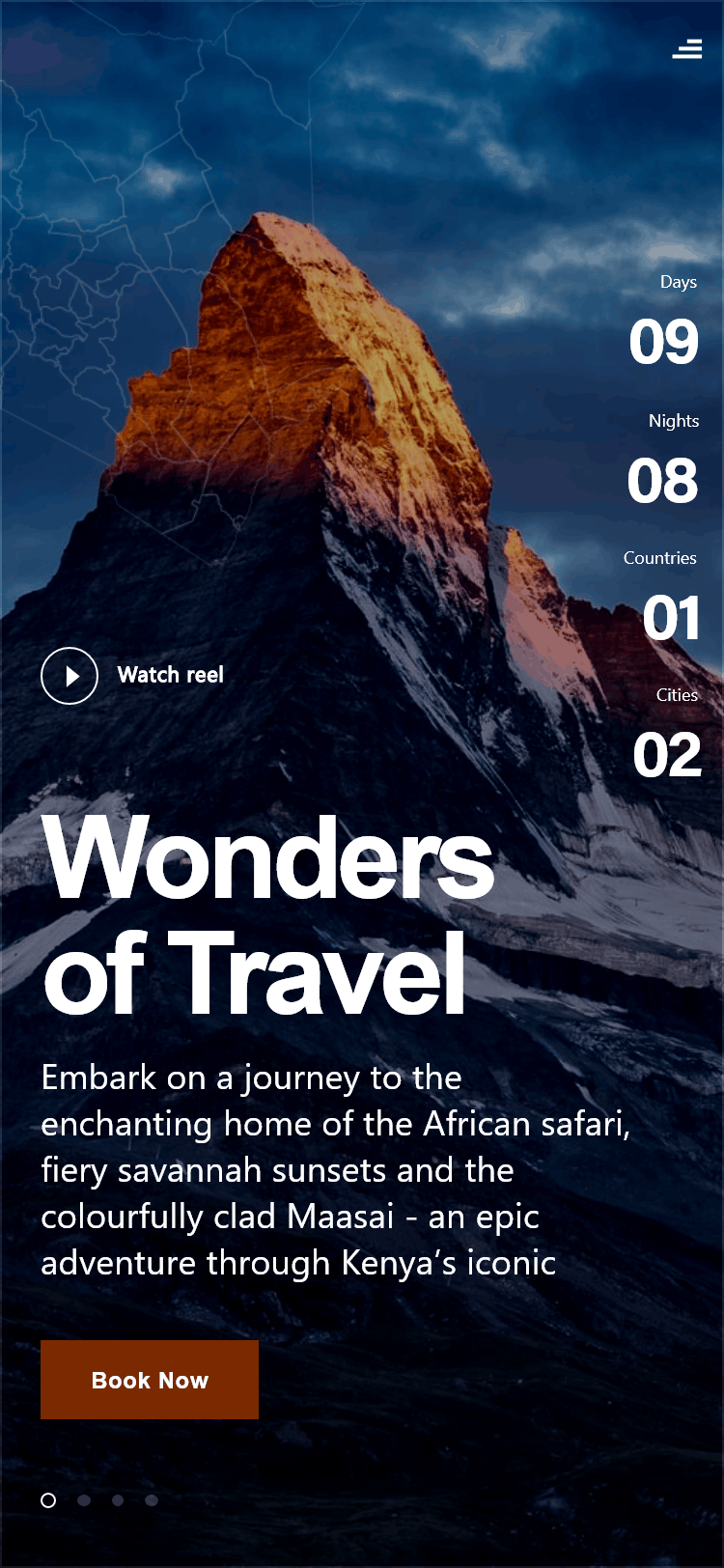 categories with icons representing travel options the user can pick ranging from city to mountains