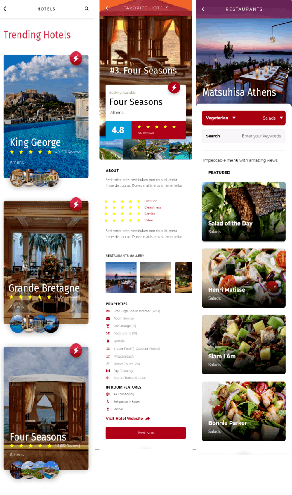 sample from the Frommer's app including hotels and restaurants with images, listings and reviews